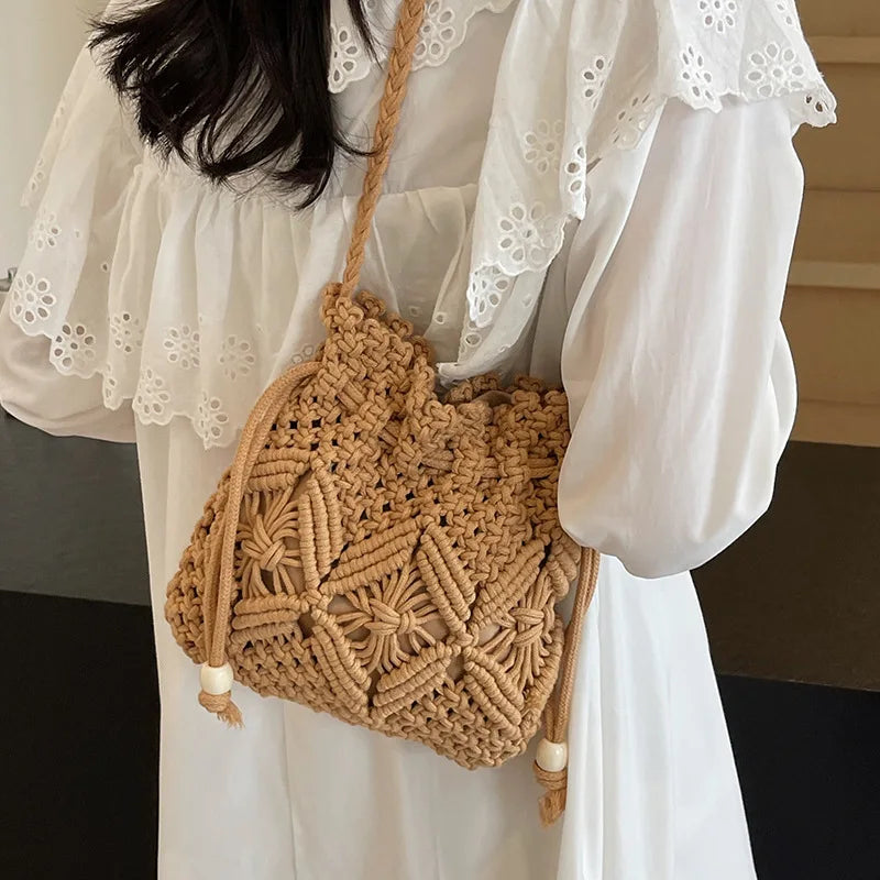 Woven Shoulder Crossbody Bucket Bag